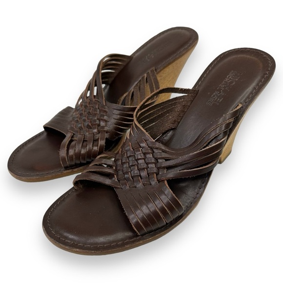 𝅺MICHAEL Michael Kors Brown Woven Leather Wedge Open Toe Sandal 9 - Picture 1 of 12